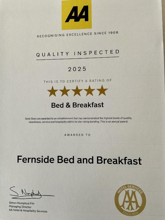 Certificato, attestato, insegna o altro documento esposto da Fernside Bed and Breakfast