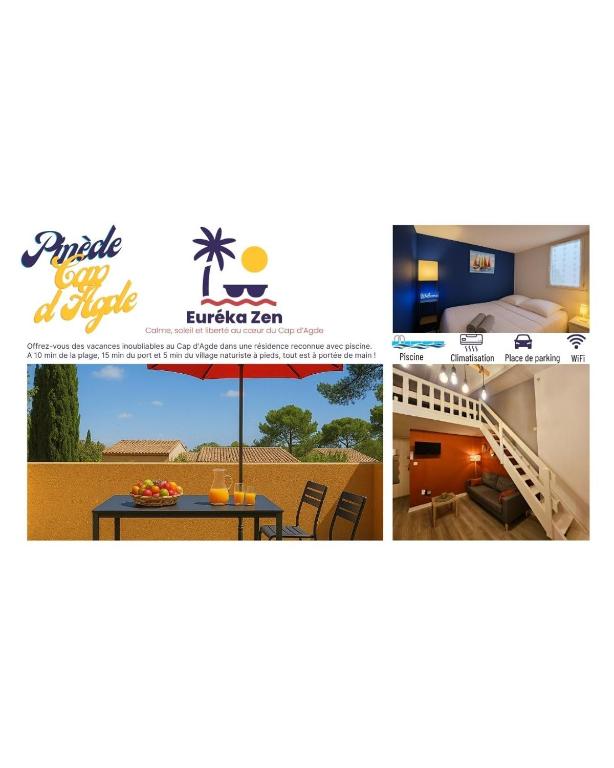 un collage de photos d'un hôtel et d'une chambre d'hôtel dans l'établissement Résidence Eureka-clim-parking-Wifi-piscine-Proche village natu, au Cap d'Agde