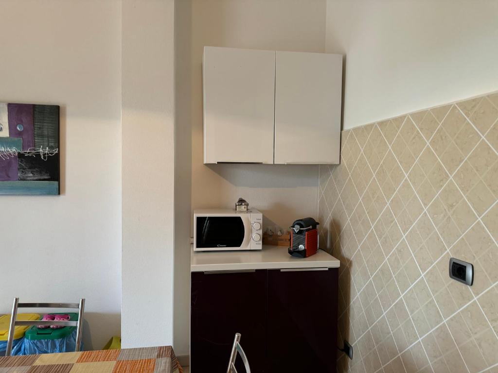 Marina di DavoliにあるLa perla del mareの白い電子レンジとカウンターのある小さなキッチン