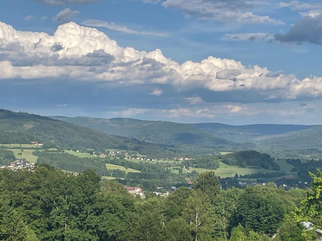 a view of a valley with trees and clouds at Ferienwohnung Bayerischer Wald in Zwiesel