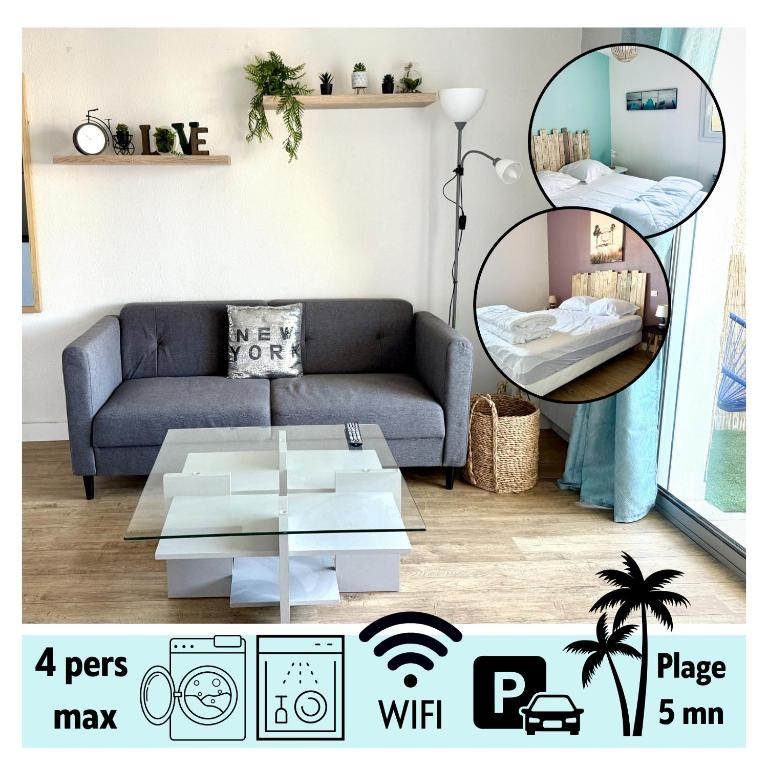 un salon avec un canapé et une table dans l'établissement L'Escapade Valrassienne - 5 minutes de la plage, à Valras-Plage