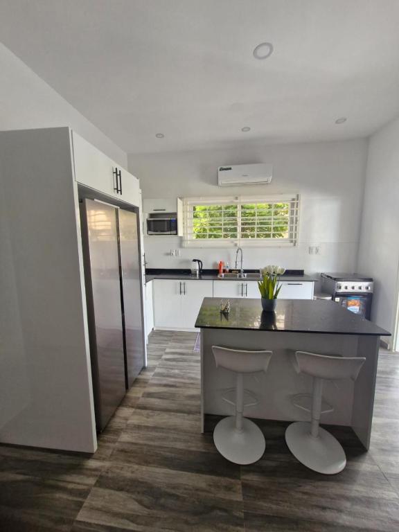 a kitchen with a counter and a refrigerator at Cozy haven apartments in Paramaribo