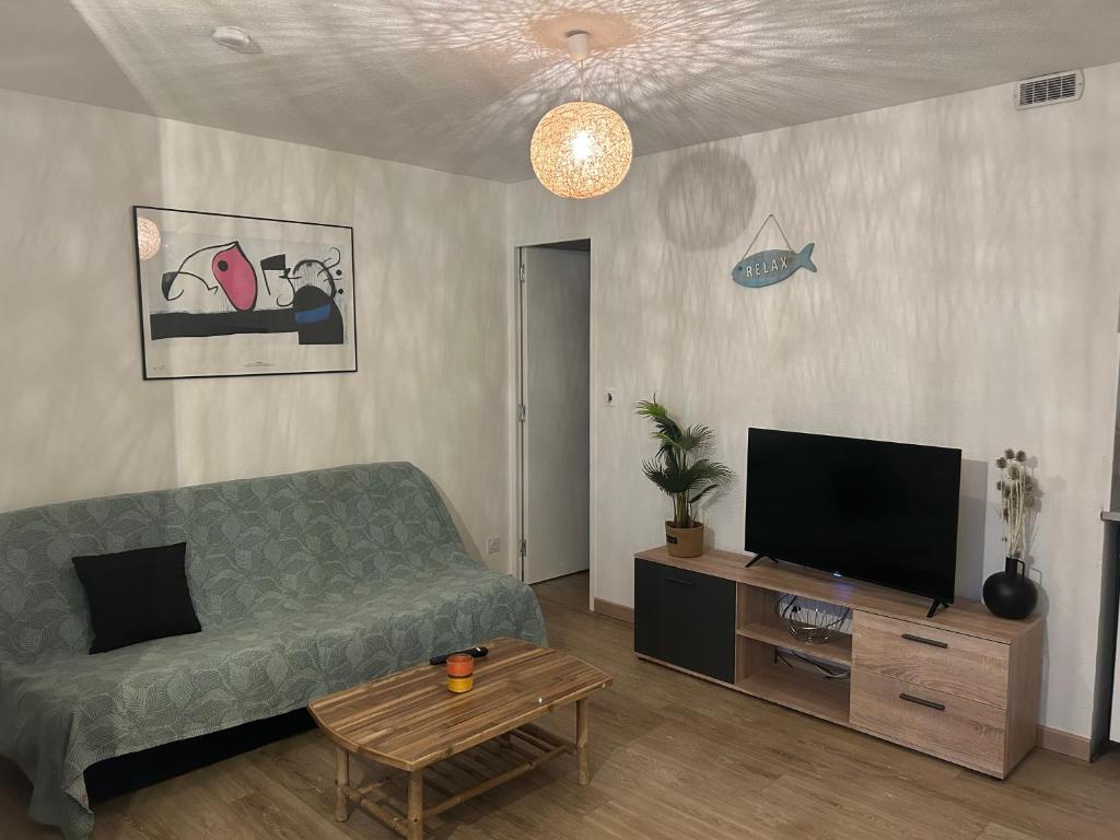 un salon avec un canapé et une télévision à écran plat dans l'établissement T1 bis résidence les coraux, à Canet