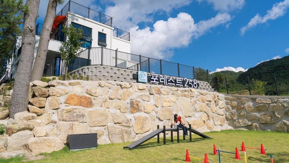 a person playing on a slide in front of a stone wall at Gyeongju Forest 258 Pet-friendly Pool Villa in Gyeongju