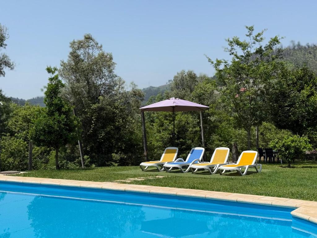 a group of chairs and an umbrella next to a swimming pool at Casa Terra Nova - Gerês in Terras de Bouro