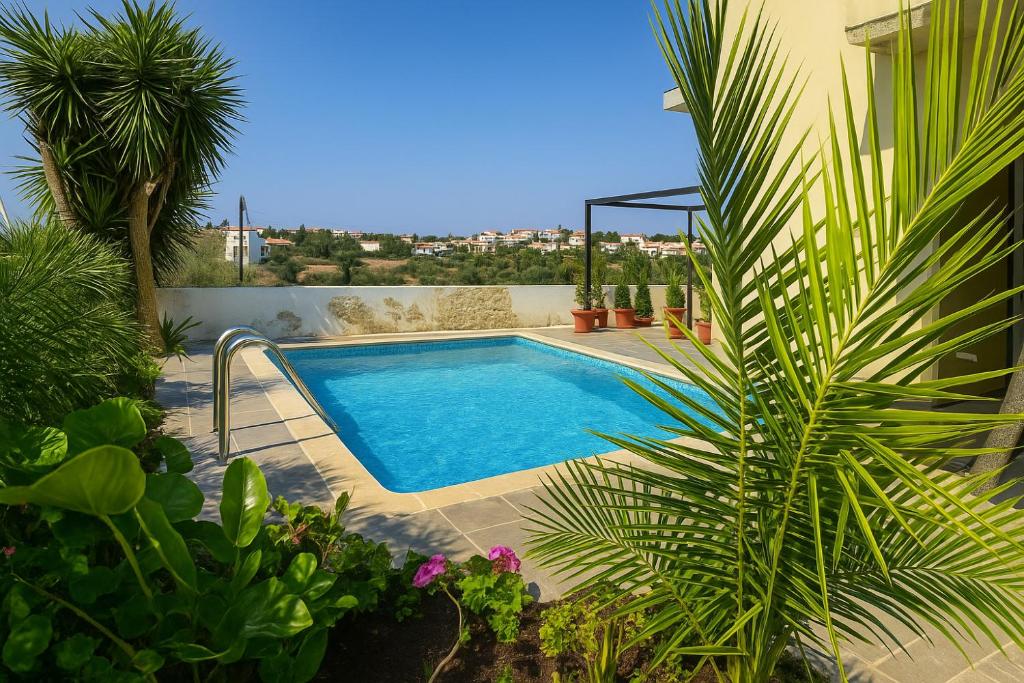 a swimming pool in a yard with trees and plants at Tereza's House in Ayvaryara