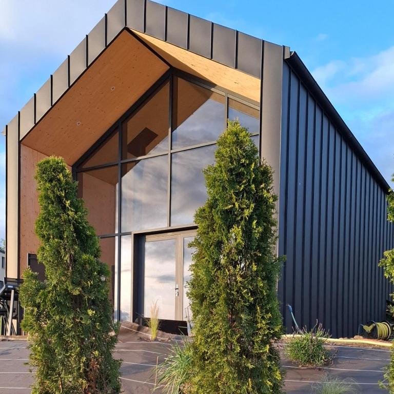 une maison avec une grande fenêtre et deux buissons dans l'établissement Chalet moderne entre Evasion Design et Nature, à Ruynes-en-Margeride