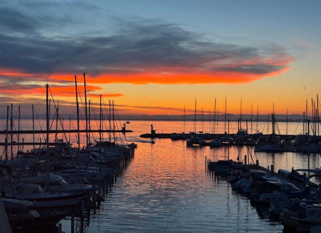 un groupe de bateaux amarrés dans une marina au coucher du soleil dans l'établissement Vue panoramique sur le port - Calme & Confort, au Grau-du-Roi