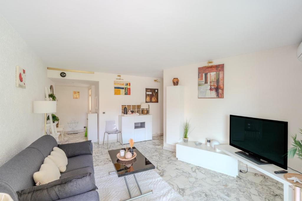 un salon avec un canapé et une télévision dans l'établissement Central T2 Cannes Suquet - terrasse - WIFI - Clim, à Cannes