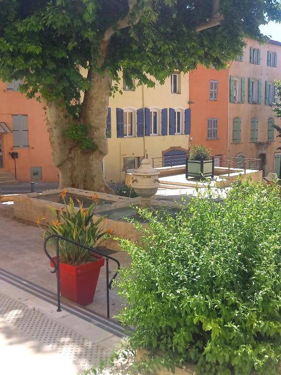 un parc avec un banc, un arbre et des bâtiments dans l'établissement Entre Saint-Tropez et les gorges du Verdon., à Lorgues
