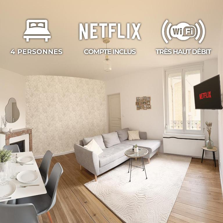 un salon avec un canapé et une télévision dans l'établissement Spring - Centre-Ville - Gare - Spacieux - Netflix, à Reims
