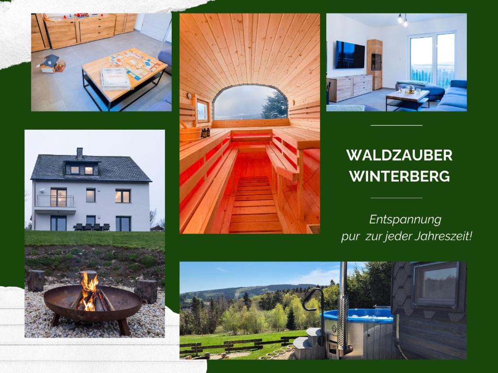 eine Collage aus Bildern eines Hauses in der Unterkunft Ferienhaus Waldzauber-Winterberg in Winterberg