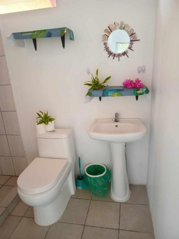 un bagno con un water, un lavandino e uno specchio di Vaimoe Lodge Tiputa a Tiputa