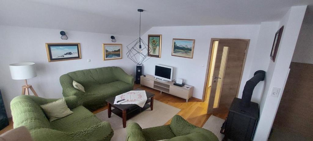 a living room with two green chairs and a television at Peace & green in Žabljak