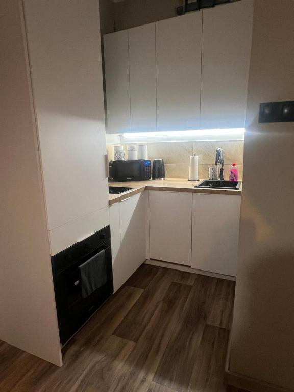 a small kitchen with white cabinets and a sink at Apartament Starołeka in Poznań