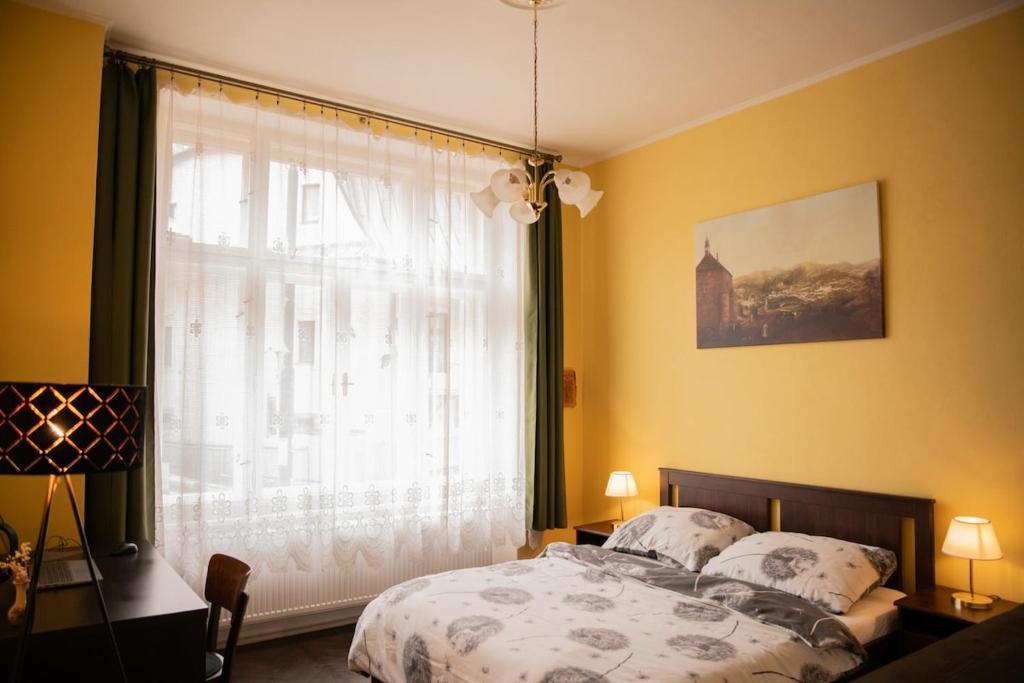 a bedroom with a bed and a large window at Apartmán u Bretschneidera 2 in Banská Štiavnica