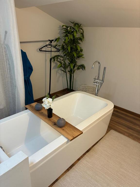 - une baignoire blanche dans une pièce avec une plante dans l'établissement Solea, à Lézignan-Corbières