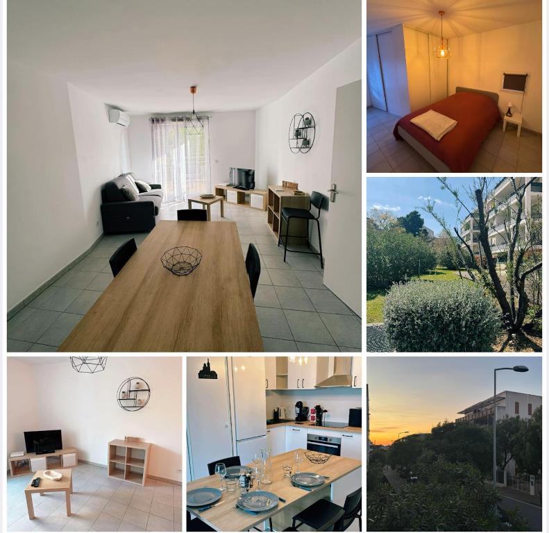un collage de photos d'un salon et d'une cuisine dans l'établissement Appartement T2 proche des calanques Sormiou et Morgiou, à Marseille