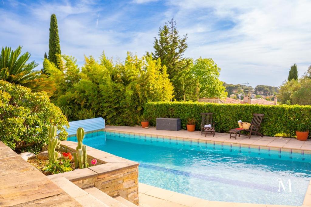 - une piscine avec deux chaises et un chien assis à côté dans l'établissement Belle maison spacieuse avec piscine à Sanary, à Sanary-sur-Mer