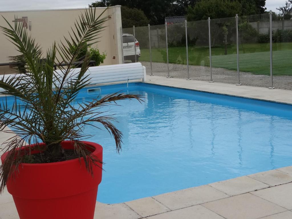 une plante dans un pot rouge à côté d'une piscine dans l'établissement Gîte bord de mer près de FECAMP 