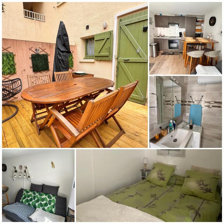 un collage de photos d'une cuisine et d'une salle à manger dans l'établissement Entre Lac, Mer et Montagne, au Barcarès