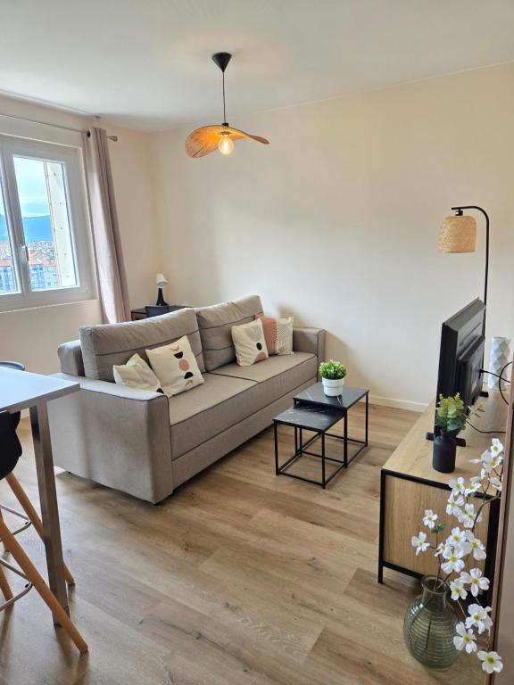 un salon avec un canapé et une télévision dans l'établissement L'Acacia T2 tout confort avec clim WiFi vue tram, à Grenoble