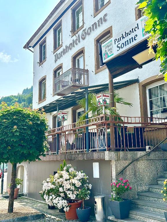 a building with potted plants in front of it at Parkhotel Sonne in Schönau im Schwarzwald