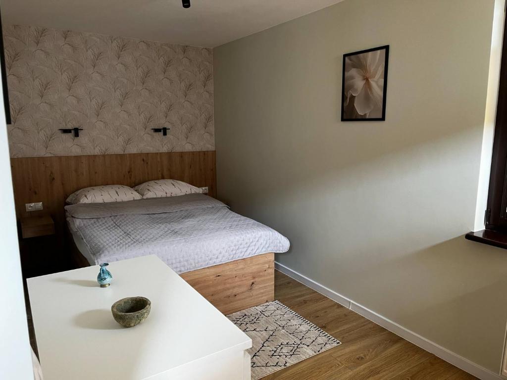 a small room with a bed and a table at Apartamenty Rubikon in Kraków