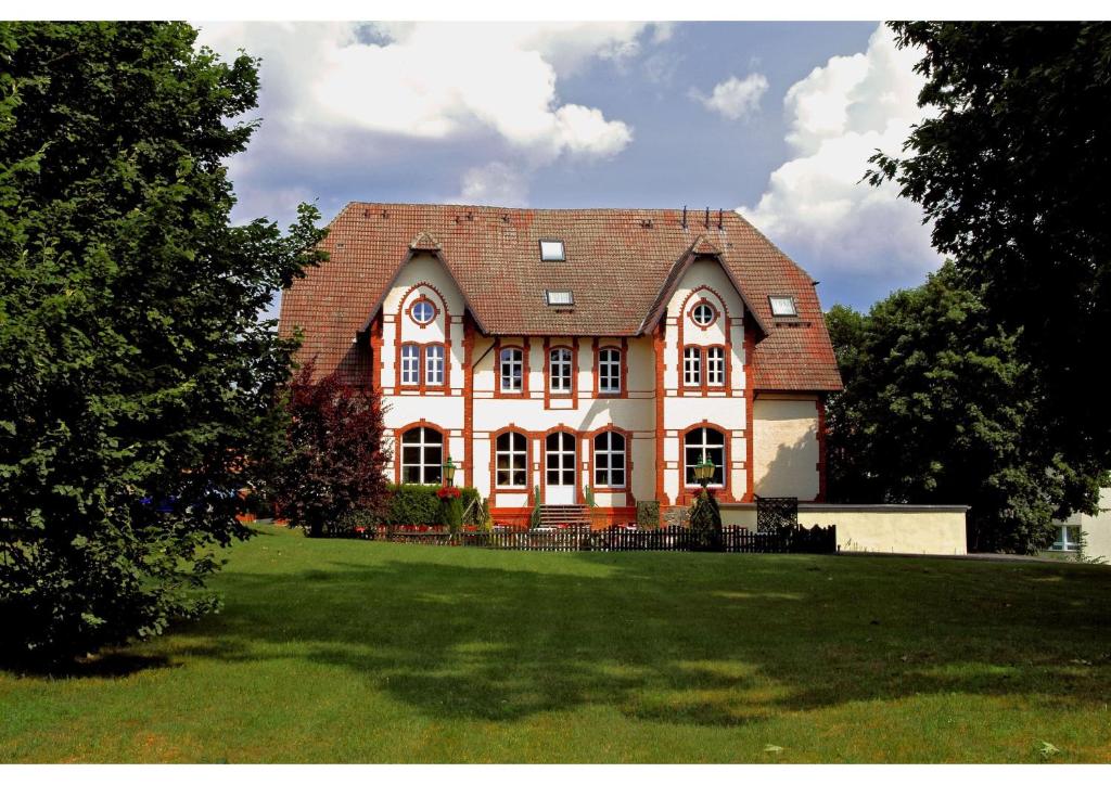 duży dom na trawiastym polu z drzewami w obiekcie Villa Knobelsdorff w mieście Pasewalk