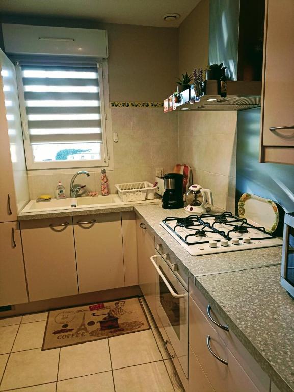 Kuchyň nebo kuchyňský kout v ubytování MAUGUIO-Carnon P2 60 m2, Tout confort, spacieux, CLIM, wifi, balcon, parking privé couvert, 15 min de la mer, de Montpellier