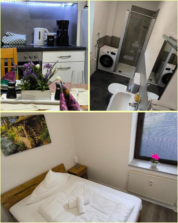 a collage of three pictures of a room at Diemeltal Lodge Appartment III in Marsberg