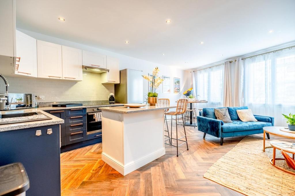 普朗德拉图尔Superbe appartement neuf, climatisé centre village的带蓝色沙发的厨房和客厅