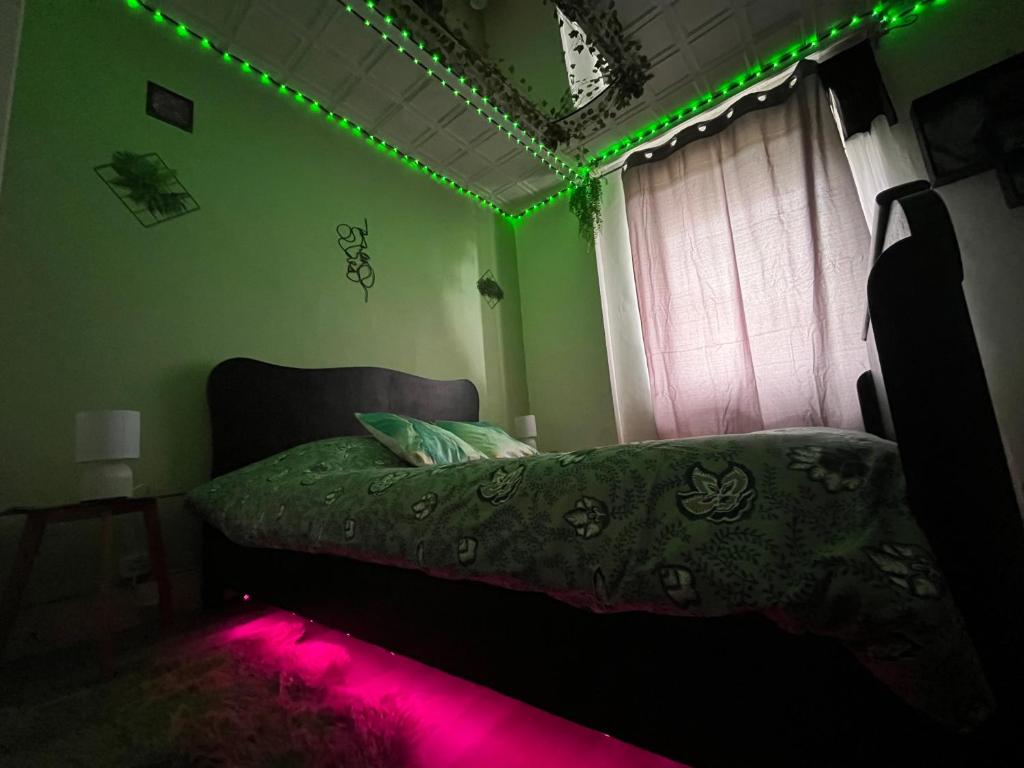 - une chambre dotée d'un lit avec des lumières vertes dans l'établissement L'appart avec jardin, à Malmerspach
