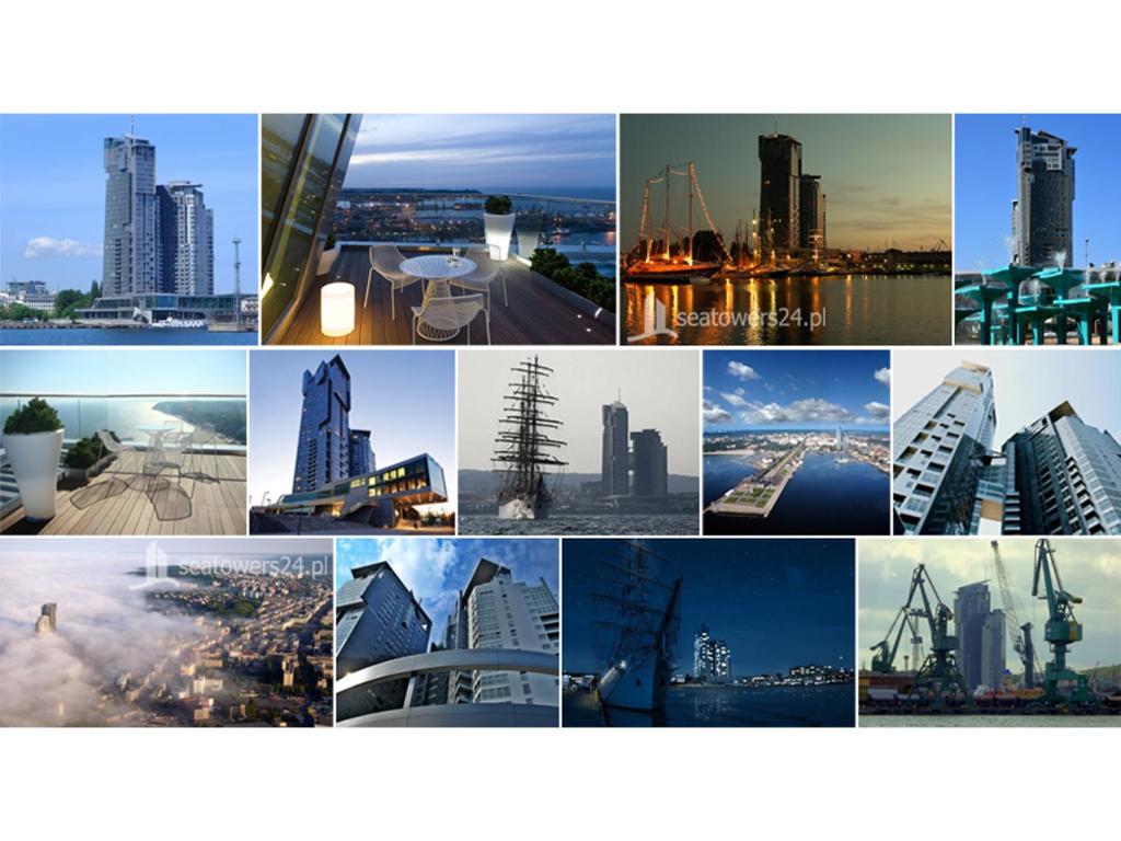 un collage de photos de villes et de bâtiments dans l'établissement Sea Towers, à Gdynia