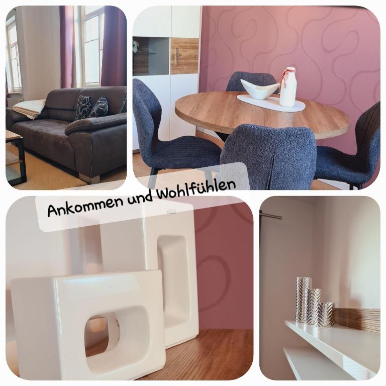 a collage of pictures of a living room with a table and chairs at Ferienwohnung Helene in Gotha