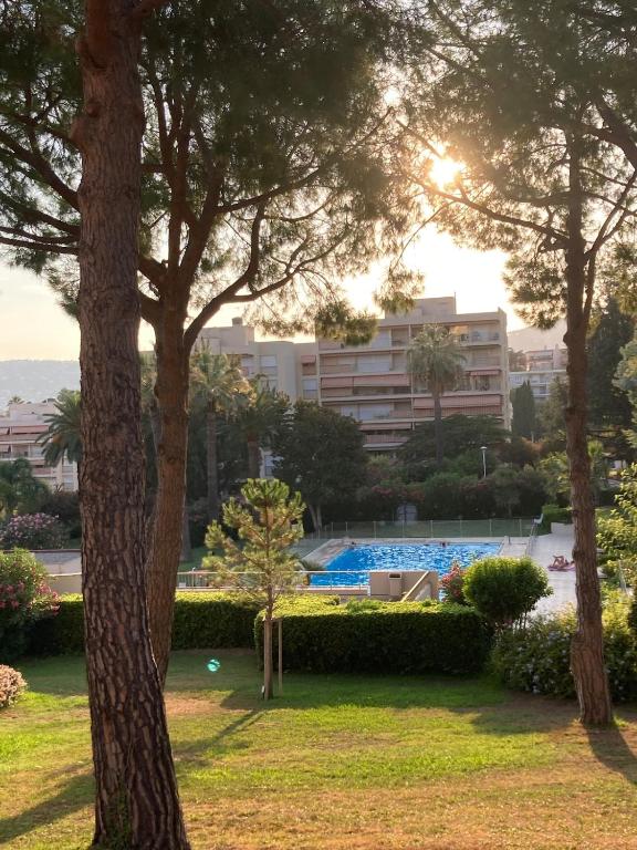 - une vue sur un parc arboré et une piscine dans l'établissement A 5 minutes du centre de Juan les pins et de la mer ! Appartement dans résidence avec piscine et terrain de tennis, à Antibes