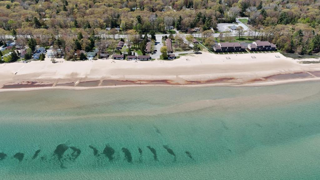 an aerial view of a beach and the ocean at Surfside 13 - Cute Lakefront Condo! in Oscoda