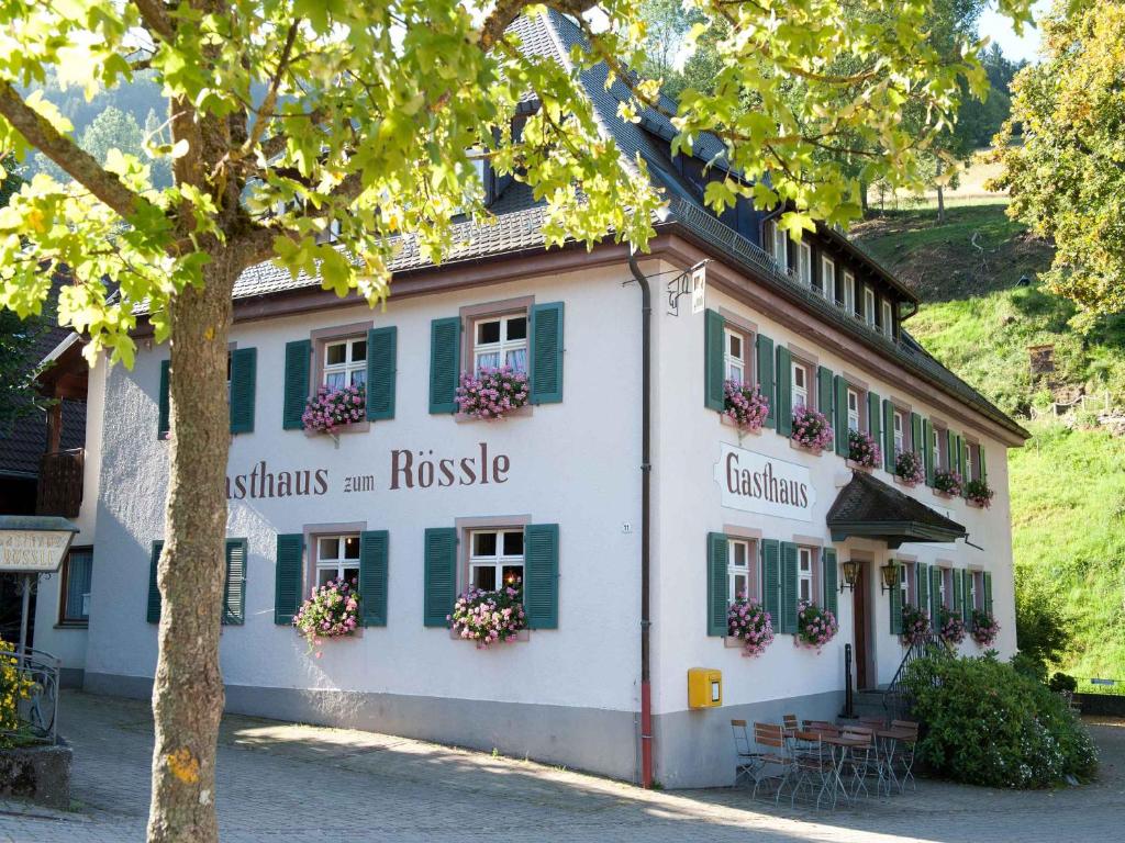 Bollschweil的住宿－Gasthaus zum Rössle，一座带绿色百叶窗和鲜花的建筑