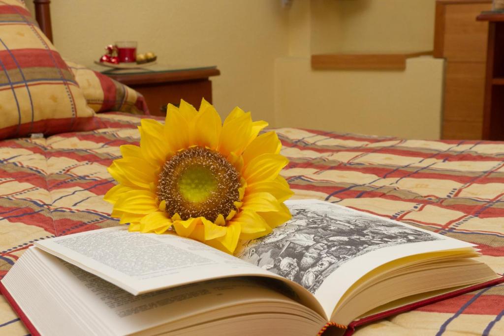 an open book with a sunflower sitting on a bed at Hostal Siete Picos in El Espinar