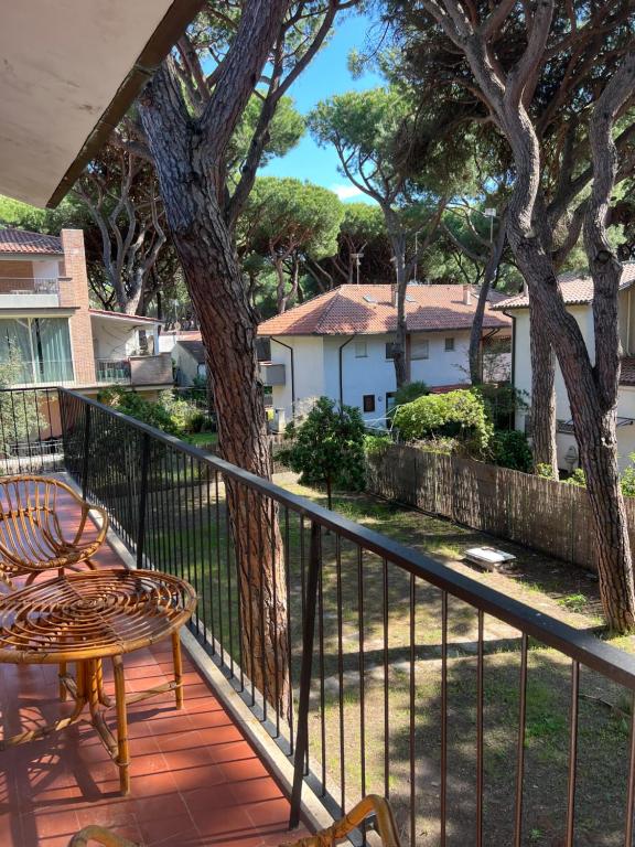 a balcony with a table and a tree at Residenza tra i Pini in Marina di Grosseto
