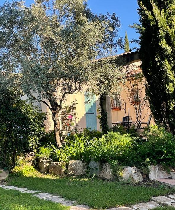 une maison avec des arbres et des plantes devant dans l'établissement Villa Massada, à Saint-Maximin-la-Sainte-Baume