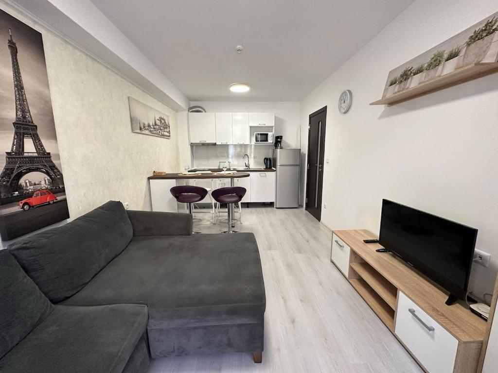 ein Wohnzimmer mit Couch und Fernseher und eine Küche in der Unterkunft Apartment in Sveti Vlas in Sweti Wlas