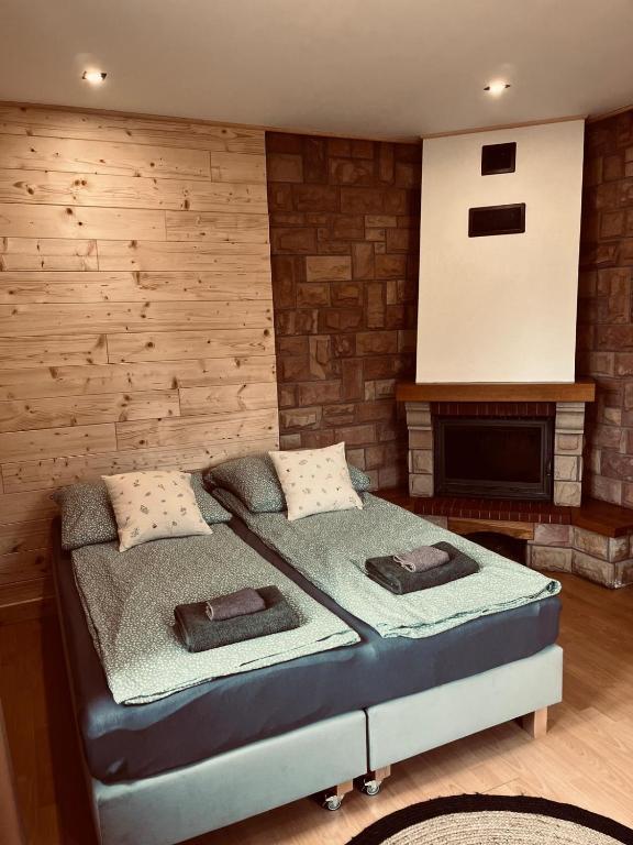 a bedroom with a bed and a fireplace at Nad stawami - apartament in Białowieża