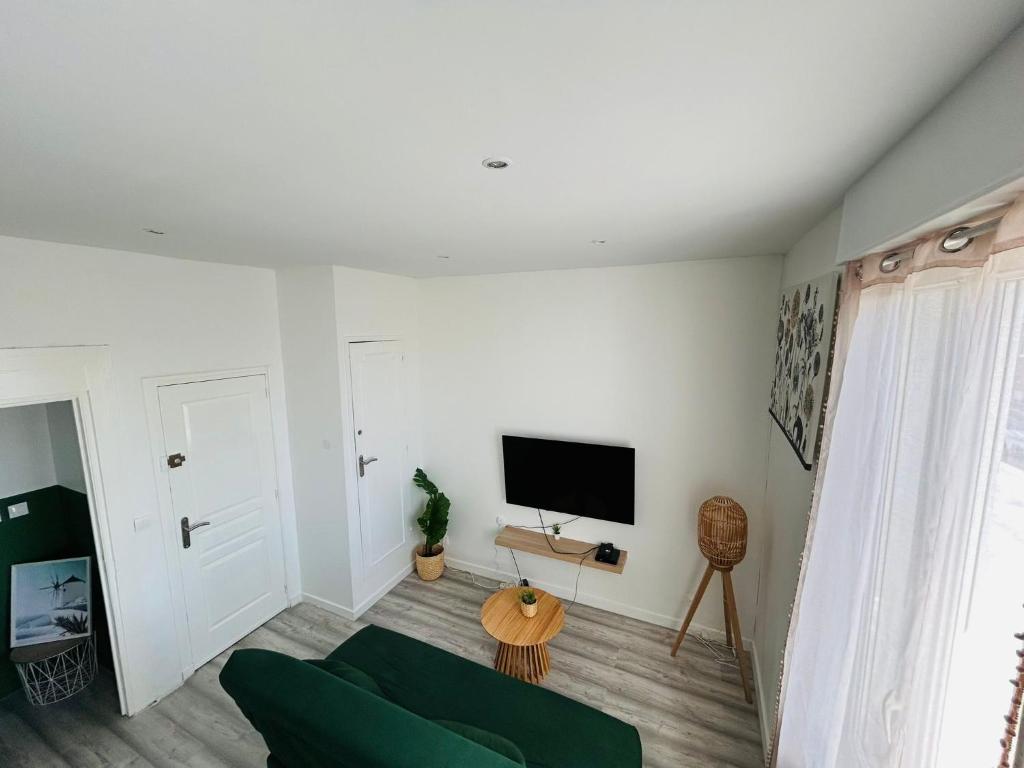 een woonkamer met een groene bank en een flatscreen-tv bij Appartement Nid Douillet Plus in Tourcoing
