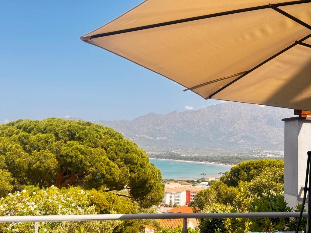 - un balcon avec un parasol offrant une vue sur l'océan dans l'établissement appartement Calvi, à Calvi