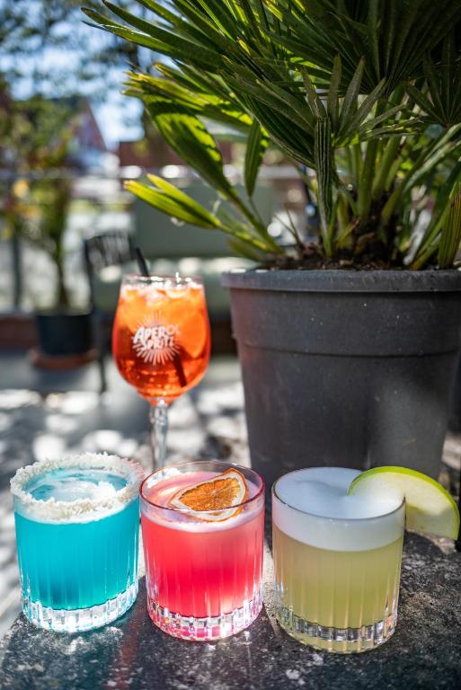 a group of four different colored drinks on a table at Hotel Atlantic Juist in Juist