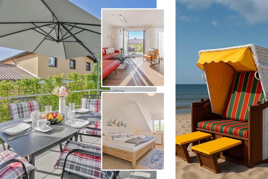a collage of photos of a house with a table and an umbrella at Ferienhaus Nordwind in Kolpinsee