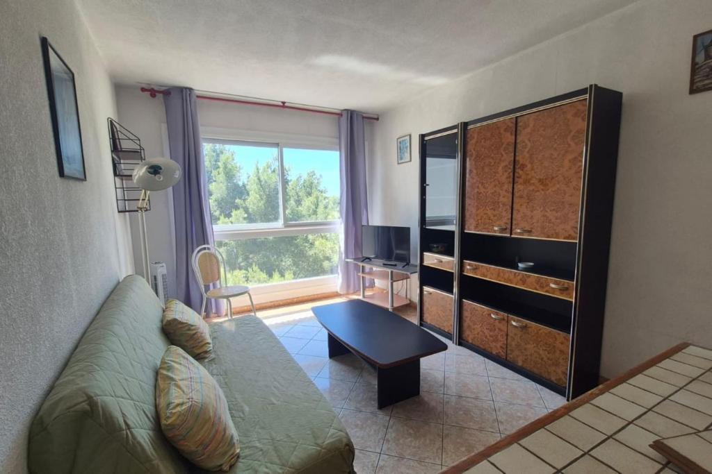 un salon avec un canapé et une grande fenêtre dans l'établissement Apartment with pool - near beach, à Saint-Mandrier-sur-Mer