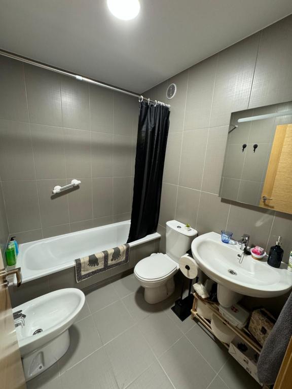 ein Badezimmer mit Waschbecken, Toilette und Badewanne in der Unterkunft O Lar de Raxó in Raxo