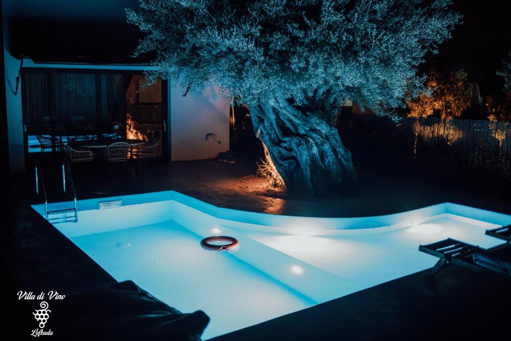 a jacuzzi tub with a tree at night at Villa di Vino in Lefkada